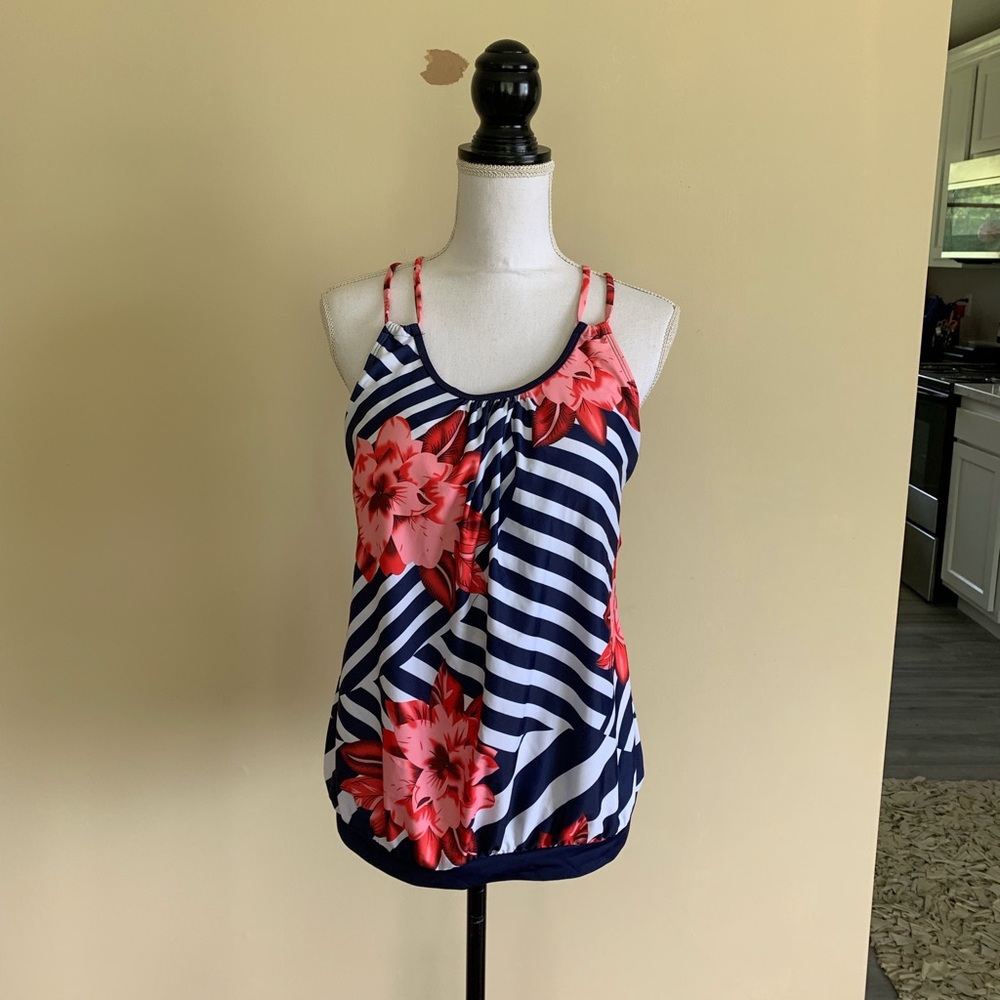 New XL Tankini Bikini Navy and White Stripes Red & Pink Floral